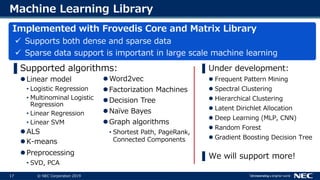 17 © NEC Corporation 201917
Machine Learning Library
▌Supported algorithms:
Linear model
• Logistic Regression
• Multinominal Logistic
Regression
• Linear Regression
• Linear SVM
ALS
K-means
Preprocessing
• SVD, PCA
▌Under development:
 Frequent Pattern Mining
 Spectral Clustering
 Hierarchical Clustering
 Latent Dirichlet Allocation
 Deep Learning (MLP, CNN)
 Random Forest
 Gradient Boosting Decision Tree
▌We will support more!
Word2vec
Factorization Machines
Decision Tree
Naïve Bayes
Graph algorithms
• Shortest Path, PageRank,
Connected Components
Implemented with Frovedis Core and Matrix Library
 Supports both dense and sparse data
 Sparse data support is important in large scale machine learning
 