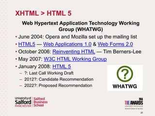 XHTML > HTML 5
20
Web Hypertext Application Technology Working
Group (WHATWG)
• June 2004: Opera and Mozilla set up the mailing list
• HTML5 — Web Applications 1.0 & Web Forms 2.0
• October 2006: Reinventing HTML — Tim Berners-Lee
• May 2007: W3C HTML Working Group
• January 2008: HTML 5
– ?: Last Call Working Draft
– 2012?: Candidate Recommendation
– 2022?: Proposed Recommendation
 