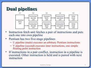 Dual pipelinesDual pipelines
• Instruction fetch unit fetches a pair of instructions and puts
each one into own pipeline
• Pentium has two five-stage pipelines
– U pipeline (main) executes an arbitrary Pentium instructions
– V pipeline (second) executes inter instructions, one simple
floating point instruction
• If instructions in a pair conflict, instruction in u pipeline is
executed. Other instruction is held and is paired with next
instruction
Budditha Hettige 9
 