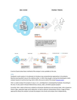 A series of posts about basic methods of the analyzer is also available on the site.
Infer
Facebook is quite zealous in its attempts to introduce new comprehensive approaches in its products.
Machine learning didn't stay on the sidelines either. In 2013, they bought a startup that developed a static
analyzer based on machine learning. And in 2015, the source code of the project became open.
Infer is a static analyzer for projects in Java, C, C++, and Objective-C, developed by Facebook. According to
the site, it's also used in Amazon Web Services, Oculus, Uber, and other popular projects.
Currently, Infer is able to find errors related to null pointer dereference and memory leaks. Infer is based on
Hoare's logic, separation logic and bi-abduction, as well as abstract interpretation theory. Usage of these
approaches allows the analyzer to break the program into chunks and analyze them independently.
 
