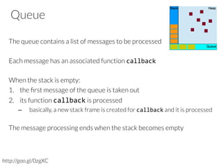 Queue
The queue contains a list of messages to be processed

Each message has an associated function callback	
  
	
  
When the stack is empty:
1.  the ﬁrst message of the queue is taken out
2.  its function callback is processed
–  basically, a new stack frame is created for callback and it is processed
The message processing ends when the stack becomes empty

http://goo.gl/0zgXC
 