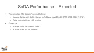 SoDA Performance – Expected
• Test: annotate 14M docs in “reasonable time”.
– Approx. 3s/doc with SoDA+Solr on ec2 r3.large box (15.5GB RAM, 32GB SSD, 2vCPU).
– Total estimated time: 16.2 months!
• Questions
– Can we make the process faster?
– Can we scale out the process?
 