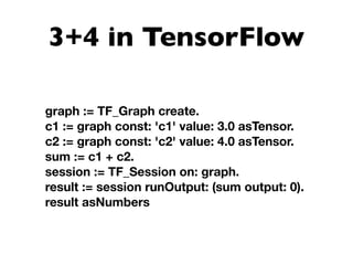 3+4 in TensorFlow
graph := TF_Graph create.
c1 := graph const: 'c1' value: 3.0 asTensor.
c2 := graph const: 'c2' value: 4.0 asTensor.
sum := c1 + c2.
session := TF_Session on: graph.
result := session runOutput: (sum output: 0).
result asNumbers
 