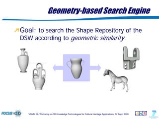 Geometry-based Search Engine

Goal: to search the Shape Repository of the
DSW according to geometric similarity




   VSMM 09, Workshop on 3D Knowledge Technologies for Cultural Heritage Applications, 12 Sept. 2009
 
