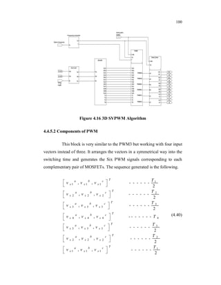 100
Figure 4.16 3D SVPWM Algorithm
4.4.5.2 Components of PWM
This block is very similar to the PWM3 but working with four input
vectors instead of three. It arranges the vectors in a symmetrical way into the
switching time and generates the Six PWM signals corresponding to each
complementary pair of MOSFETs. The sequence generated is the following.
1
1 1 1
2
2 2 2
3
3 3 3
4 4 4 4
3
3 3 3
2 2 2
, , - - - - - -
2
, , - - - - - -
2
, , - - - - - -
2
, , - - - - - - -
, , - - - - - -
2
, , - - -
T
a b c
s s s
T
a b c
s s s
T
a b c
s s s
T
a b c
s s s
T
a b c
s s s
T
a b c
s s s
T
v v v
T
v v v
T
v v v
v v v T
T
v v v
v v v 2
1
1 1 1
- - -
2
, , - - - - - -
2
T
a b c
s s s
T
T
v v v
(4.40)
 