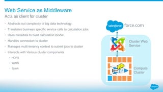 • Abstracts out complexity of big data technology
• Translates business specific service calls to calculation jobs
• Uses metadata to build calculation model
• Handles connection to cluster
• Manages multi-tenancy context to submit jobs to cluster
• Interacts with Various cluster components
• HDFS
• YARN
• Spark
Acts as client for cluster
Web Service as Middleware
Compute
Cluster
Cluster Web
Service
 
