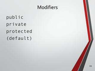 Modifiers
public
private
protected
(default)
11
 