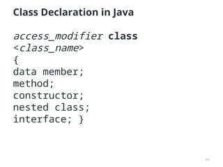 61
Class Declaration in Java
access_modifier class
<class_name>
{
data member;
method;
constructor;
nested class;
interface; }
 