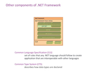 Other components of .NET Framework




     Common Language Specification (CLS)
            set of rules that any .NET language should follow to create
            application that are interoperable with other languages

     Common Type System (CTS)
            describes how data types are declared
 