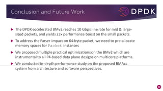 14
Conclusion and Future Work
u The DPDK-accelerated BMv2 reaches 10 Gbps line rate for mid & large-
sized packets, and yields 23x performance boost on the small packets.
u To address the Parser impact on 64-byte packet, we need to pre-allocate	
memory spaces for Packet instances	
u We proposed multiplepractical optimizationson the BMv2 which are
instrumental to all P4-based data plane designs on multicore platforms.
u We conductedin-depth performance study on the proposed BMAcc
system	from	architecture	and	software	perspectives.
 
