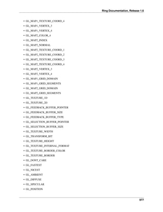 Ring Documentation, Release 1.6
• GL_MAP1_TEXTURE_COORD_4
• GL_MAP1_VERTEX_3
• GL_MAP1_VERTEX_4
• GL_MAP2_COLOR_4
• GL_MAP2_INDEX
• GL_MAP2_NORMAL
• GL_MAP2_TEXTURE_COORD_1
• GL_MAP2_TEXTURE_COORD_2
• GL_MAP2_TEXTURE_COORD_3
• GL_MAP2_TEXTURE_COORD_4
• GL_MAP2_VERTEX_3
• GL_MAP2_VERTEX_4
• GL_MAP1_GRID_DOMAIN
• GL_MAP1_GRID_SEGMENTS
• GL_MAP2_GRID_DOMAIN
• GL_MAP2_GRID_SEGMENTS
• GL_TEXTURE_1D
• GL_TEXTURE_2D
• GL_FEEDBACK_BUFFER_POINTER
• GL_FEEDBACK_BUFFER_SIZE
• GL_FEEDBACK_BUFFER_TYPE
• GL_SELECTION_BUFFER_POINTER
• GL_SELECTION_BUFFER_SIZE
• GL_TEXTURE_WIDTH
• GL_TRANSFORM_BIT
• GL_TEXTURE_HEIGHT
• GL_TEXTURE_INTERNAL_FORMAT
• GL_TEXTURE_BORDER_COLOR
• GL_TEXTURE_BORDER
• GL_DONT_CARE
• GL_FASTEST
• GL_NICEST
• GL_AMBIENT
• GL_DIFFUSE
• GL_SPECULAR
• GL_POSITION
977
 