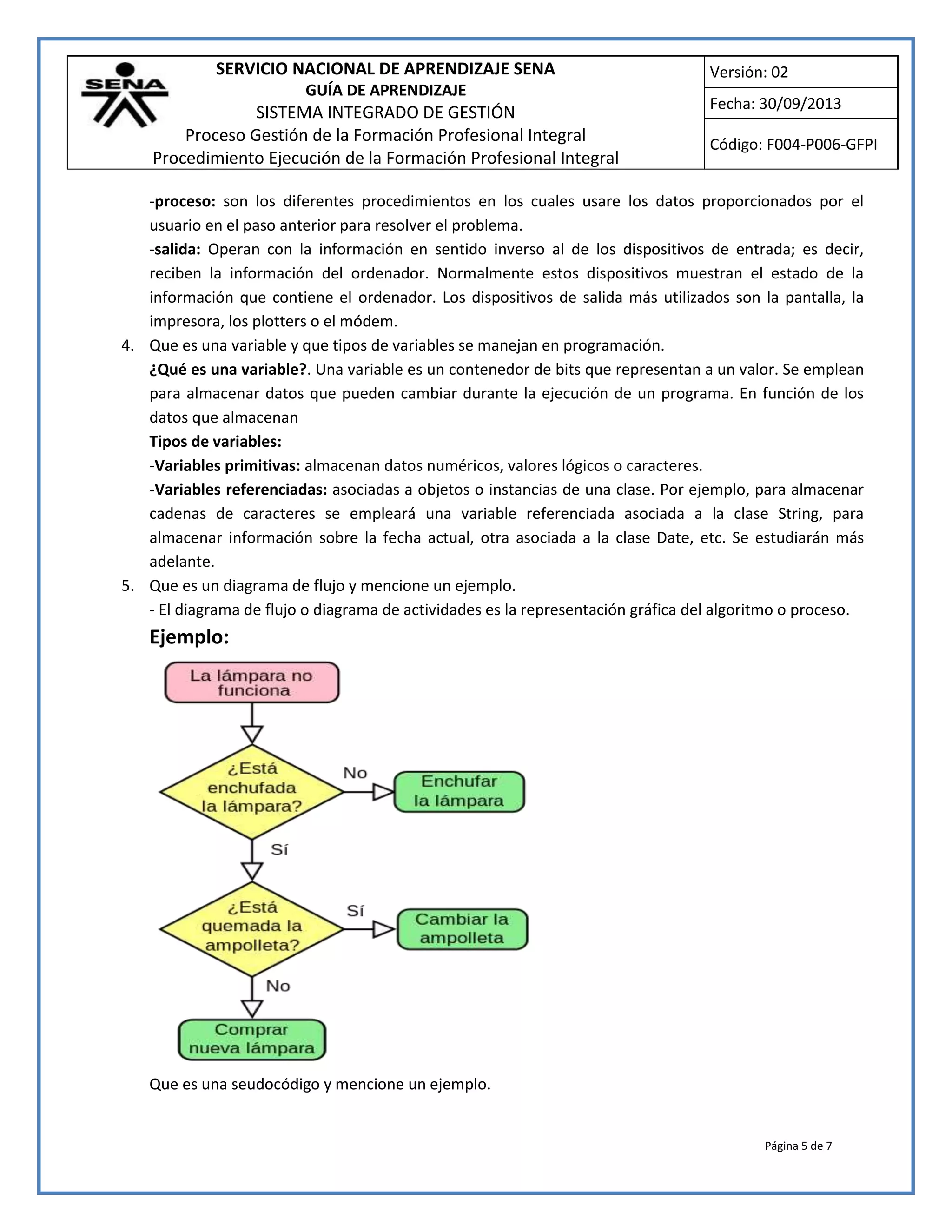 SERVICIO NACIONAL DE APRENDIZAJE SENA 
GUÍA DE APRENDIZAJE 
SISTEMA INTEGRADO DE GESTIÓN 
Proceso Gestión de la Formación Profesional Integral 
Procedimiento Ejecución de la Formación Profesional Integral 
Versión: 02 
Fecha: 30/09/2013 
Código: F004-P006-GFPI 
-proceso: son los diferentes procedimientos en los cuales usare los datos proporcionados por el 
usuario en el paso anterior para resolver el problema. 
-salida: Operan con la información en sentido inverso al de los dispositivos de entrada; es decir, 
reciben la información del ordenador. Normalmente estos dispositivos muestran el estado de la 
información que contiene el ordenador. Los dispositivos de salida más utilizados son la pantalla, la 
impresora, los plotters o el módem. 
Página 5 de 7 
4. Que es una variable y que tipos de variables se manejan en programación. 
¿Qué es una variable?. Una variable es un contenedor de bits que representan a un valor. Se emplean 
para almacenar datos que pueden cambiar durante la ejecución de un programa. En función de los 
datos que almacenan 
Tipos de variables: 
-Variables primitivas: almacenan datos numéricos, valores lógicos o caracteres. 
-Variables referenciadas: asociadas a objetos o instancias de una clase. Por ejemplo, para almacenar 
cadenas de caracteres se empleará una variable referenciada asociada a la clase String, para 
almacenar información sobre la fecha actual, otra asociada a la clase Date, etc. Se estudiarán más 
adelante. 
5. Que es un diagrama de flujo y mencione un ejemplo. 
- El diagrama de flujo o diagrama de actividades es la representación gráfica del algoritmo o proceso. 
Ejemplo: 
Que es una seudocódigo y mencione un ejemplo. 
 