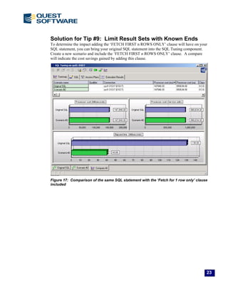 Solution for Tip #9: Limit Result Sets with Known Ends
To determine the impact adding the ‘FETCH FIRST n ROWS ONLY’ clause will have on your
SQL statement, you can bring your original SQL statement into the SQL Tuning component.
Create a new scenario and include the ‘FETCH FIRST n ROWS ONLY’ clause. A compare
will indicate the cost savings gained by adding this clause.
Figure 17: Comparison of the same SQL statement with the ‘Fetch for 1 row only’ clause
included
23
 