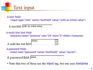 6
Text input
A text field:
<input type="text" name="textfield" value="with an initial value">
A multi-line text field
<textarea name="textarea" cols="24" rows="2">Hello</textarea>
A password field:
<input type="password" name="textfield3" value="secret">
• Note that two of these use the input tag, but one uses textarea
 