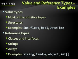 Value and Reference Types –Value and Reference Types –
ExamplesExamples
 Value typesValue types
Most of the primitive typesMost of the primitive types
StructuresStructures
Examples:Examples: intint,, floatfloat,, boolbool,, DateTimeDateTime
 Reference typesReference types
Classes and interfacesClasses and interfaces
StringsStrings
ArraysArrays
Examples:Examples: stringstring,, RandomRandom,, objectobject,, int[]int[]
 
