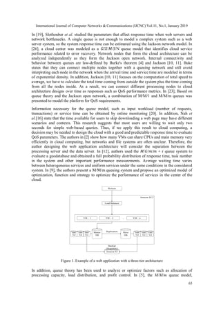International Journal of Computer Networks & Communications (IJCNC) Vol.11, No.1, January 2019
65
In [19], Slothouber et al. studied the parameters that affect response time when web servers and
network bottlenecks. A single queue is not enough to model a complex system such as a web
server system, so the system response time can be estimated using the Jackson network model. In
[26], a cloud center was modeled as a 𝐺𝐼𝑋/𝑀/𝑆/N queue model that identifies cloud service
performance related to error recovery. Network nodes that form the cloud architecture can be
analyzed independently as they form the Jackson open network. Internal connectivity and
behavior between queues are law-defined by Burke's theorem [4] and Jackson [10, 11]. Buke
states that they can connect multiple nodes together with a queuing network and still avoid
interpreting each node in the network when the arrival time and service time are modeled in terms
of exponential density. In addition, Jackson [10, 11] focuses on the computation of total speed to
average, we have to calculate the total time coming from outside the system plus the time coming
from all the nodes inside. As a result, we can connect different processing nodes to cloud
architecture designs over time as responses such as QoS performance metrics. In [23], Based on
queue theory and the Jackson open network, a combination of M/M/1 and M/M/m queues was
presented to model the platform for QoS requirements.
Information necessary for the queue model, such as input workload (number of requests,
transactions) or service time can be obtained by online monitoring [20]. In addition, Nah et
al.[16] state that the time available for users to skip downloading a web page may have different
scenarios and contexts. This research suggests that most users are willing to wait only two
seconds for simple web-based queries. Thus, if we apply this result to cloud computing, a
decision may be needed to design the cloud with a good and predictable response time to evaluate
QoS parameters. The authors in [2] show how many VMs can share CPUs and main memory very
efficiently in cloud computing, but networks and file systems are often unclear. Therefore, the
author designing the web application architecture will consider the separation between the
processing server and the data server. In [12], authors used the 𝑀/𝐺/𝑚/𝑚 + r queue system to
evaluate a geodatabase and obtained a full probability distribution of response time, task number
in the system and other important performance measurements. Average waiting time varies
between heterogeneous services and uniform services under the same conditions in the considered
system. In [9], the authors present a M/M/m queuing system and propose an optimized model of
optimization, function and strategy to optimize the performance of services in the center of the
cloud.
Amazon EC2
Website
Amazon S3
Load Balancer
Master
DB
Slave
DB
VM – 1 VM – 2 VM – n...
EBS
Vol
EBS
Vol
EBS
Vol
EBS
Vol
EBS
Vol
EBS
Vol
Replication
Backup
(Snapshots)
Figure 1. Example of a web application with a three-tier architecture
In addition, queue theory has been used to analyze or optimize factors such as allocation of
processing capacity, load distribution, and profit control. In [5], the M/M/m queue model,
 