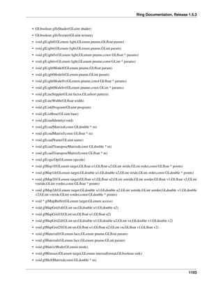 Ring Documentation, Release 1.5.3
• GLboolean glIsShader(GLuint shader)
• GLboolean glIsTexture(GLuint texture)
• void glLightf(GLenum light,GLenum pname,GLﬂoat param)
• void glLighti(GLenum light,GLenum pname,GLint param)
• void glLightfv(GLenum light,GLenum pname,const GLﬂoat * params)
• void glLightiv(GLenum light,GLenum pname,const GLint * params)
• void glLightModelf(GLenum pname,GLﬂoat param)
• void glLightModeli(GLenum pname,GLint param)
• void glLightModelfv(GLenum pname,const GLﬂoat * params)
• void glLightModeliv(GLenum pname,const GLint * params)
• void glLineStipple(GLint factor,GLushort pattern)
• void glLineWidth(GLﬂoat width)
• void glLinkProgram(GLuint program)
• void glListBase(GLuint base)
• void glLoadIdentity(void)
• void glLoadMatrixd(const GLdouble * m)
• void glLoadMatrixf(const GLﬂoat * m)
• void glLoadName(GLuint name)
• void glLoadTransposeMatrixd(const GLdouble * m)
• void glLoadTransposeMatrixf(const GLﬂoat * m)
• void glLogicOp(GLenum opcode)
• void glMap1f(GLenum target,GLﬂoat u1,GLﬂoat u2,GLint stride,GLint order,const GLﬂoat * points)
• void glMap1d(GLenum target,GLdouble u1,GLdouble u2,GLint stride,GLint order,const GLdouble * points)
• void glMap2f(GLenum target,GLﬂoat u1,GLﬂoat u2,GLint ustride,GLint uorder,GLﬂoat v1,GLﬂoat v2,GLint
vstride,GLint vorder,const GLﬂoat * points)
• void glMap2d(GLenum target,GLdouble u1,GLdouble u2,GLint ustride,GLint uorder,GLdouble v1,GLdouble
v2,GLint vstride,GLint vorder,const GLdouble * points)
• void * glMapBuffer(GLenum target,GLenum access)
• void glMapGrid1d(GLint un,GLdouble u1,GLdouble u2)
• void glMapGrid1f(GLint un,GLﬂoat u1,GLﬂoat u2)
• void glMapGrid2d(GLint un,GLdouble u1,GLdouble u2,GLint vn,GLdouble v1,GLdouble v2)
• void glMapGrid2f(GLint un,GLﬂoat u1,GLﬂoat u2,GLint vn,GLﬂoat v1,GLﬂoat v2)
• void glMaterialf(GLenum face,GLenum pname,GLﬂoat param)
• void glMateriali(GLenum face,GLenum pname,GLint param)
• void glMatrixMode(GLenum mode)
• void glMinmax(GLenum target,GLenum internalformat,GLboolean sink)
• void glMultMatrixd(const GLdouble * m)
1103
 