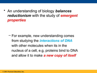 © 2014 Pearson Education, Inc.
• An understanding of biology balances
reductionism with the study of emergent
properties
– For example, new understanding comes
from studying the interactions of DNA
with other molecules when its in the
nucleus of a cell, e.g, proteins bind to DNA
and allow it to make a new copy of itself
© 2011 Pearson Education, Inc.
 