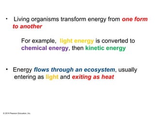 © 2014 Pearson Education, Inc.
• Living organisms transform energy from one form
to another
For example, light energy is converted to
chemical energy, then kinetic energy
• Energy flows through an ecosystem, usually
entering as light and exiting as heat
 