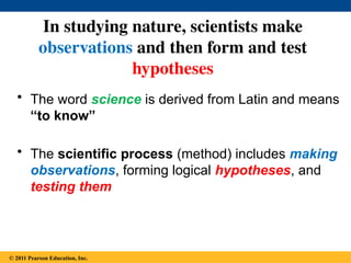 © 2014 Pearson Education, Inc.
In studying nature, scientists make
observations and then form and test
hypotheses
• The word science is derived from Latin and means
“to know”
• The scientific process (method) includes making
observations, forming logical hypotheses, and
testing them
© 2011 Pearson Education, Inc.
 