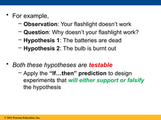© 2014 Pearson Education, Inc.
• For example,
– Observation: Your flashlight doesn’t work
– Question: Why doesn’t your flashlight work?
– Hypothesis 1: The batteries are dead
– Hypothesis 2: The bulb is burnt out
• Both these hypotheses are testable
– Apply the “If…then” prediction to design
experiments that will either support or falsify
the hypothesis
© 2011 Pearson Education, Inc.
 