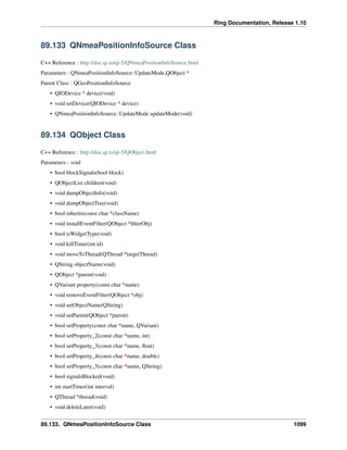 Ring Documentation, Release 1.10
89.133 QNmeaPositionInfoSource Class
C++ Reference : http://doc.qt.io/qt-5/QNmeaPositionInfoSource.html
Parameters : QNmeaPositionInfoSource::UpdateMode,QObject *
Parent Class : QGeoPositionInfoSource
• QIODevice * device(void)
• void setDevice(QIODevice * device)
• QNmeaPositionInfoSource::UpdateMode updateMode(void)
89.134 QObject Class
C++ Reference : http://doc.qt.io/qt-5/QObject.html
Parameters : void
• bool blockSignals(bool block)
• QObjectList children(void)
• void dumpObjectInfo(void)
• void dumpObjectTree(void)
• bool inherits(const char *className)
• void installEventFilter(QObject *ﬁlterObj)
• bool isWidgetType(void)
• void killTimer(int id)
• void moveToThread(QThread *targetThread)
• QString objectName(void)
• QObject *parent(void)
• QVariant property(const char *name)
• void removeEventFilter(QObject *obj)
• void setObjectName(QString)
• void setParent(QObject *parent)
• bool setProperty(const char *name, QVariant)
• bool setProperty_2(const char *name, int)
• bool setProperty_3(const char *name, ﬂoat)
• bool setProperty_4(const char *name, double)
• bool setProperty_5(const char *name, QString)
• bool signalsBlocked(void)
• int startTimer(int interval)
• QThread *thread(void)
• void deleteLater(void)
89.133. QNmeaPositionInfoSource Class 1099
 