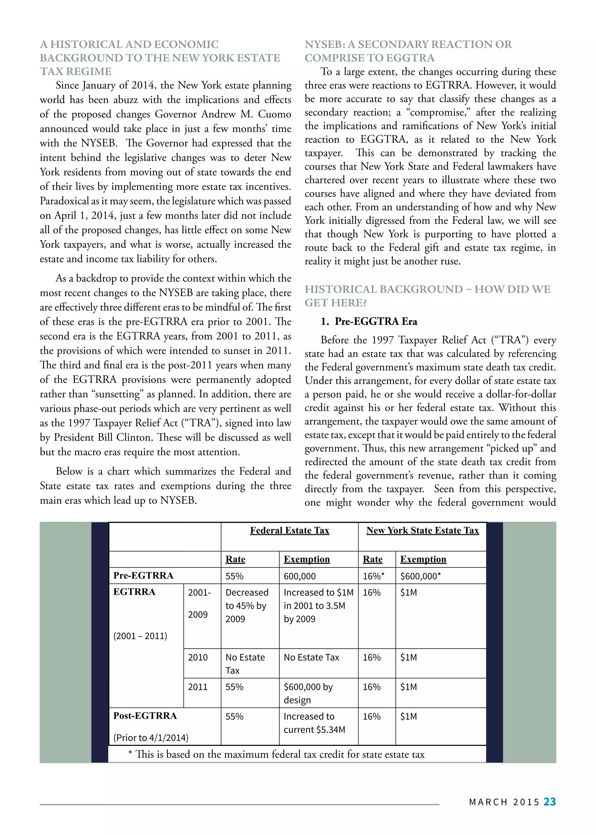 M A R C H 2 0 1 5 23
A HISTORICAL AND ECONOMIC
BACKGROUND TO THE NEW YORK ESTATE
TAX REGIME
Since January of 2014, the New York estate planning
world has been abuzz with the implications and effects
of the proposed changes Governor Andrew M. Cuomo
announced would take place in just a few months’ time
with the NYSEB. The Governor had expressed that the
intent behind the legislative changes was to deter New
York residents from moving out of state towards the end
of their lives by implementing more estate tax incentives.
Paradoxical as it may seem, the legislature which was passed
on April 1, 2014, just a few months later did not include
all of the proposed changes, has little effect on some New
York taxpayers, and what is worse, actually increased the
estate and income tax liability for others.
As a backdrop to provide the context within which the
most recent changes to the NYSEB are taking place, there
are effectively three different eras to be mindful of. The first
of these eras is the pre-EGTRRA era prior to 2001. The
second era is the EGTRRA years, from 2001 to 2011, as
the provisions of which were intended to sunset in 2011.
The third and final era is the post-2011 years when many
of the EGTRRA provisions were permanently adopted
rather than “sunsetting” as planned. In addition, there are
various phase-out periods which are very pertinent as well
as the 1997 Taxpayer Relief Act (“TRA”), signed into law
by President Bill Clinton. These will be discussed as well
but the macro eras require the most attention.
Below is a chart which summarizes the Federal and
State estate tax rates and exemptions during the three
main eras which lead up to NYSEB.
NYSEB: A SECONDARY REACTION OR
COMPRISE TO EGGTRA
To a large extent, the changes occurring during these
three eras were reactions to EGTRRA. However, it would
be more accurate to say that classify these changes as a
secondary reaction; a “compromise,” after the realizing
the implications and ramifications of New York’s initial
reaction to EGGTRA, as it related to the New York
taxpayer. This can be demonstrated by tracking the
courses that New York State and Federal lawmakers have
chartered over recent years to illustrate where these two
courses have aligned and where they have deviated from
each other. From an understanding of how and why New
York initially digressed from the Federal law, we will see
that though New York is purporting to have plotted a
route back to the Federal gift and estate tax regime, in
reality it might just be another ruse.
HISTORICAL BACKGROUND – HOW DID WE
GET HERE?
1. Pre-EGGTRA Era
Before the 1997 Taxpayer Relief Act (“TRA”) every
state had an estate tax that was calculated by referencing
the Federal government’s maximum state death tax credit.
Under this arrangement, for every dollar of state estate tax
a person paid, he or she would receive a dollar-for-dollar
credit against his or her federal estate tax. Without this
arrangement, the taxpayer would owe the same amount of
estate tax, except that it would be paid entirely to the federal
government. Thus, this new arrangement “picked up” and
redirected the amount of the state death tax credit from
the federal government’s revenue, rather than it coming
directly from the taxpayer. Seen from this perspective,
one might wonder why the federal government would
Federal Estate Tax New York State Estate Tax
Rate Exemption Rate Exemption
Pre-EGTRRA 55% 600,000 16%* $600,000*
EGTRRA
(2001 – 2011)
2001-
2009
Decreased
to 45% by
2009
Increased to $1M
in 2001 to 3.5M
by 2009
16% $1M
2010 No Estate
Tax
No Estate Tax 16% $1M
2011 55% $600,000 by
design
16% $1M
Post-EGTRRA
(Prior to 4/1/2014)
55% Increased to
current $5.34M
16% $1M
* This is based on the maximum federal tax credit for state estate tax
 