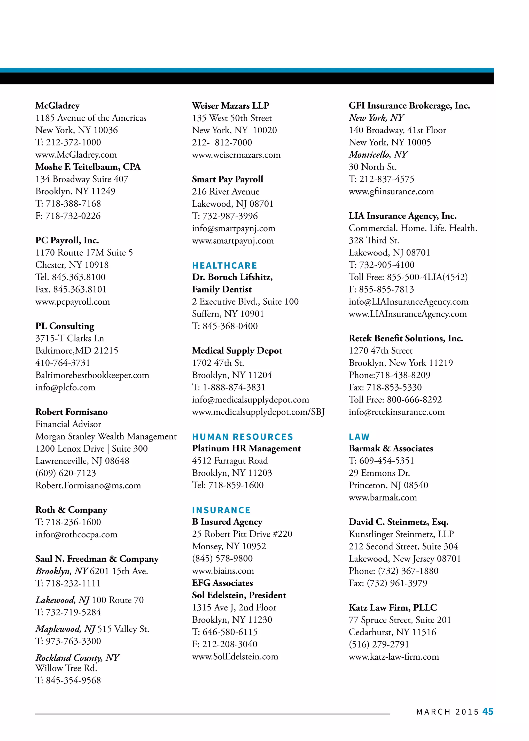 M A R C H 2 0 1 5 45
McGladrey
1185 Avenue of the Americas
New York, NY 10036
T: 212-372-1000
www.McGladrey.com
Moshe F. Teitelbaum, CPA
134 Broadway Suite 407
Brooklyn, NY 11249
T: 718-388-7168
F: 718-732-0226
PC Payroll, Inc.
1170 Routte 17M Suite 5
Chester, NY 10918
Tel. 845.363.8100
Fax. 845.363.8101
www.pcpayroll.com
PL Consulting
3715-T Clarks Ln
Baltimore,MD 21215
410-764-3731
Baltimorebestbookkeeper.com
info@plcfo.com
Robert Formisano
Financial Advisor
Morgan Stanley Wealth Management
1200 Lenox Drive | Suite 300
Lawrenceville, NJ 08648
(609) 620-7123
Robert.Formisano@ms.com
Roth & Company
T: 718-236-1600
infor@rothcocpa.com
Saul N. Freedman & Company
Brooklyn, NY 6201 15th Ave.
T: 718-232-1111
Lakewood, NJ 100 Route 70
T: 732-719-5284
Maplewood, NJ 515 Valley St.
T: 973-763-3300
Rockland County, NY
Willow Tree Rd.
T: 845-354-9568
Weiser Mazars LLP
135 West 50th Street
New York, NY 10020
212- 812-7000
www.weisermazars.com
Smart Pay Payroll
216 River Avenue
Lakewood, NJ 08701
T: 732-987-3996
info@smartpaynj.com
www.smartpaynj.com
HEALTHCARE
Dr. Boruch Lifshitz,
Family Dentist
2 Executive Blvd., Suite 100
Suffern, NY 10901
T: 845-368-0400
Medical Supply Depot
1702 47th St.
Brooklyn, NY 11204
T: 1-888-874-3831
info@medicalsupplydepot.com
www.medicalsupplydepot.com/SBJ
HUMAN RESOURCES
Platinum HR Management
4512 Farragut Road
Brooklyn, NY 11203
Tel: 718-859-1600
INSURANCE
B Insured Agency
25 Robert Pitt Drive #220
Monsey, NY 10952
(845) 578-9800
www.biains.com
EFG Associates
Sol Edelstein, President
1315 Ave J, 2nd Floor
Brooklyn, NY 11230
T: 646-580-6115
F: 212-208-3040
www.SolEdelstein.com
GFI Insurance Brokerage, Inc.
New York, NY
140 Broadway, 41st Floor
New York, NY 10005
Monticello, NY
30 North St.
T: 212-837-4575
www.gfiinsurance.com
LIA Insurance Agency, Inc.
Commercial. Home. Life. Health.
328 Third St.
Lakewood, NJ 08701
T: 732-905-4100
Toll Free: 855-500-4LIA(4542)
F: 855-855-7813
info@LIAInsuranceAgency.com
www.LIAInsuranceAgency.com
Retek Benefit Solutions, Inc.
1270 47th Street
Brooklyn, New York 11219
Phone:718-438-8209
Fax: 718-853-5330
Toll Free: 800-666-8292
info@retekinsurance.com
LAW
Barmak & Associates
T: 609-454-5351
29 Emmons Dr.
Princeton, NJ 08540
www.barmak.com
David C. Steinmetz, Esq.
Kunstlinger Steinmetz, LLP
212 Second Street, Suite 304
Lakewood, New Jersey 08701
Phone: (732) 367-1880
Fax: (732) 961-3979
Katz Law Firm, PLLC
77 Spruce Street, Suite 201
Cedarhurst, NY 11516
(516) 279-2791
www.katz-law-firm.com
 