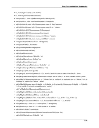 Ring Documentation, Release 1.6
• GLboolean glIsShader(GLuint shader)
• GLboolean glIsTexture(GLuint texture)
• void glLightf(GLenum light,GLenum pname,GLﬂoat param)
• void glLighti(GLenum light,GLenum pname,GLint param)
• void glLightfv(GLenum light,GLenum pname,const GLﬂoat * params)
• void glLightiv(GLenum light,GLenum pname,const GLint * params)
• void glLightModelf(GLenum pname,GLﬂoat param)
• void glLightModeli(GLenum pname,GLint param)
• void glLightModelfv(GLenum pname,const GLﬂoat * params)
• void glLightModeliv(GLenum pname,const GLint * params)
• void glLineStipple(GLint factor,GLushort pattern)
• void glLineWidth(GLﬂoat width)
• void glLinkProgram(GLuint program)
• void glListBase(GLuint base)
• void glLoadIdentity(void)
• void glLoadMatrixd(const GLdouble * m)
• void glLoadMatrixf(const GLﬂoat * m)
• void glLoadName(GLuint name)
• void glLoadTransposeMatrixd(const GLdouble * m)
• void glLoadTransposeMatrixf(const GLﬂoat * m)
• void glLogicOp(GLenum opcode)
• void glMap1f(GLenum target,GLﬂoat u1,GLﬂoat u2,GLint stride,GLint order,const GLﬂoat * points)
• void glMap1d(GLenum target,GLdouble u1,GLdouble u2,GLint stride,GLint order,const GLdouble * points)
• void glMap2f(GLenum target,GLﬂoat u1,GLﬂoat u2,GLint ustride,GLint uorder,GLﬂoat v1,GLﬂoat v2,GLint
vstride,GLint vorder,const GLﬂoat * points)
• void glMap2d(GLenum target,GLdouble u1,GLdouble u2,GLint ustride,GLint uorder,GLdouble v1,GLdouble
v2,GLint vstride,GLint vorder,const GLdouble * points)
• void * glMapBuffer(GLenum target,GLenum access)
• void glMapGrid1d(GLint un,GLdouble u1,GLdouble u2)
• void glMapGrid1f(GLint un,GLﬂoat u1,GLﬂoat u2)
• void glMapGrid2d(GLint un,GLdouble u1,GLdouble u2,GLint vn,GLdouble v1,GLdouble v2)
• void glMapGrid2f(GLint un,GLﬂoat u1,GLﬂoat u2,GLint vn,GLﬂoat v1,GLﬂoat v2)
• void glMaterialf(GLenum face,GLenum pname,GLﬂoat param)
• void glMateriali(GLenum face,GLenum pname,GLint param)
• void glMatrixMode(GLenum mode)
• void glMinmax(GLenum target,GLenum internalformat,GLboolean sink)
• void glMultMatrixd(const GLdouble * m)
1186
 