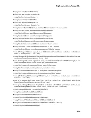 Ring Documentation, Release 1.5.4
• void glTexCoord3fv(const GLﬂoat * v)
• void glTexCoord3dv(const GLdouble * v)
• void glTexCoord4sv(const GLshort * v)
• void glTexCoord4iv(const GLint * v)
• void glTexCoord4fv(const GLﬂoat * v)
• void glTexCoord4dv(const GLdouble * v)
• void glTexCoordPointer(GLint size,GLenum type,GLsizei stride,const GLvoid * pointer)
• void glTexEnvf(GLenum target,GLenum pname,GLﬂoat param)
• void glTexEnvi(GLenum target,GLenum pname,GLint param)
• void glTexGeni(GLenum coord,GLenum pname,GLint param)
• void glTexGenf(GLenum coord,GLenum pname,GLﬂoat param)
• void glTexGend(GLenum coord,GLenum pname,GLdouble param)
• void glTexGeniv(GLenum coord,GLenum pname,const GLint * params)
• void glTexGenfv(GLenum coord,GLenum pname,const GLﬂoat * params)
• void glTexGendv(GLenum coord,GLenum pname,const GLdouble * params)
• void glTexImage1D(GLenum target,GLint level,GLint internalFormat,GLsizei width,GLint border,GLenum
format,GLenum type,const GLvoid * data)
• void glTexImage2D(GLenum target,GLint level,GLint internalFormat,GLsizei width,GLsizei height,GLint bor-
der,GLenum format,GLenum type,const GLvoid * data)
• void glTexImage3D(GLenum target,GLint level,GLint internalFormat,GLsizei width,GLsizei height,GLsizei
depth,GLint border,GLenum format,GLenum type,const GLvoid * data)
• void glTexParameterf(GLenum target,GLenum pname,GLﬂoat param)
• void glTexParameteri(GLenum target,GLenum pname,GLint param)
• void glTexParameterfv(GLenum target,GLenum pname,const GLﬂoat * params)
• void glTexParameteriv(GLenum target,GLenum pname,const GLint * params)
• void glTexSubImage1D(GLenum target,GLint level,GLint xoffset,GLsizei width,GLenum format,GLenum
type,const GLvoid * data)
• void glTexSubImage2D(GLenum target,GLint level,GLint xoffset,GLint yoffset,GLsizei width,GLsizei
height,GLenum format,GLenum type,const GLvoid * data)
• void glTexSubImage3D(GLenum target,GLint level,GLint xoffset,GLint yoffset,GLint zoffset,GLsizei
width,GLsizei height,GLsizei depth,GLenum format,GLenum type,const GLvoid * data)
• void glTranslated(GLdouble x,GLdouble y,GLdouble z)
• void glTranslatef(GLﬂoat x,GLﬂoat y,GLﬂoat z)
• void glUniform1f(GLint location,GLﬂoat v0)
• void glUniform2f(GLint location,GLﬂoat v0,GLﬂoat v1)
• void glUniform3f(GLint location,GLﬂoat v0,GLﬂoat v1,GLﬂoat v2)
• void glUniform4f(GLint location,GLﬂoat v0,GLﬂoat v1,GLﬂoat v2,GLﬂoat v3)
• void glUniform1i(GLint location,GLint v0)
1250
 
