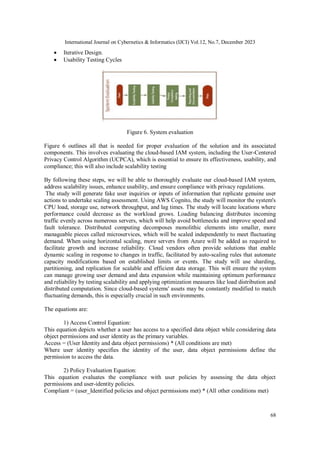 International Journal on Cybernetics & Informatics (IJCI) Vol.12, No.7, December 2023
68
 Iterative Design.
 Usability Testing Cycles
Figure 6. System evaluation
Figure 6 outlines all that is needed for proper evaluation of the solution and its associated
components. This involves evaluating the cloud-based IAM system, including the User-Centered
Privacy Control Algorithm (UCPCA), which is essential to ensure its effectiveness, usability, and
compliance; this will also include scalability testing
By following these steps, we will be able to thoroughly evaluate our cloud-based IAM system,
address scalability issues, enhance usability, and ensure compliance with privacy regulations.
The study will generate fake user inquiries or inputs of information that replicate genuine user
actions to undertake scaling assessment. Using AWS Cognito, the study will monitor the system's
CPU load, storage use, network throughput, and lag times. The study will locate locations where
performance could decrease as the workload grows. Loading balancing distributes incoming
traffic evenly across numerous servers, which will help avoid bottlenecks and improve speed and
fault tolerance. Distributed computing decomposes monolithic elements into smaller, more
manageable pieces called microservices, which will be scaled independently to meet fluctuating
demand. When using horizontal scaling, more servers from Azure will be added as required to
facilitate growth and increase reliability. Cloud vendors often provide solutions that enable
dynamic scaling in response to changes in traffic, facilitated by auto-scaling rules that automate
capacity modifications based on established limits or events. The study will use sharding,
partitioning, and replication for scalable and efficient data storage. This will ensure the system
can manage growing user demand and data expansion while maintaining optimum performance
and reliability by testing scalability and applying optimization measures like load distribution and
distributed computation. Since cloud-based systems' assets may be constantly modified to match
fluctuating demands, this is especially crucial in such environments.
The equations are:
1) Access Control Equation:
This equation depicts whether a user has access to a specified data object while considering data
object permissions and user identity as the primary variables.
Access = (User Identity and data object permissions) * (All conditions are met)
Where user identity specifies the identity of the user, data object permissions define the
permission to access the data.
2) Policy Evaluation Equation:
This equation evaluates the compliance with user policies by assessing the data object
permissions and user-identity policies.
Compliant = (user_Identified policies and object permissions met) * (All other conditions met)
 