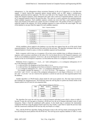 subsequences, i.e., the subsequences whose occurrence frequency in the set of sequences is no less than min
support. A typical Apriori-like sequential pattern mining method, such as GSP, adopts a multiple-pass,
candidate generation-and-test approach. The first scan finds all of the frequent items which form the set of
single item frequent sequences. Each subsequent pass starts with a seed set of sequential patterns, which is the
set of sequential patterns found in the previous pass. This seed set is used to generate new potential patterns,
called candidate sequences. Each candidate sequence contains one more item than a seed sequential pattern,
where each element in the pattern may contain one item or multiple items. The number of items in a sequence is
called the length of the sequence. So, all the candidate sequences in a pass will have the same length. The scan
of the database in one pass finds the support for each candidate sequence.
Table 1. Sequence database
Candidate-3
sequences
Candidate -4 sequences
After join After pruning
< (1,2) (3) > < (1,2) (3,4) > < (1,2) (3,4) >
< (1,2) (4) > < (1,2) (3) (5) >
< (1) (3,4) >
< (1,3) (5) >
< (2) (3,4) >
< (2) (3) (5) >
All the candidates whose support in the database is no less than min support from the set of the newly found
sequential patterns. This set then becomes the seed set for the next pass. The algorithm terminates when no new
sequential pattern is found in a pass, or when no candidate sequence can be generated.
Refer a sequence with k items as a k-sequence. (If an item occurs multiple times in different elements of a
sequence, each occurrence contributes to the value of k). Let Lk denote the set of all frequent k-sequences, and
Ck the set of candidate k-sequences. Given Lk-1, the set of all frequent (k-1)-sequences, we want to generate a
superset of the set of all frequent k-sequences. Let first define the notion of a contiguous subsequence.
Definition: Given a sequence s = < s1,s2,.....sn > and a subsequence c, c is a contiguous subsequence of s if
any of the following conditions hold:
1. c is derived from s by dropping an item from either s1 or sn.
2. c is derived from s by dropping an item from an element si which has at least 2 items.
3. c is a contiguous subsequence of c’, and c’ is a contiguous subsequence of s.
For example, consider the sequence s = < (1, 2) (3, 4) (5) (6) >. The sequences < (2) (3, 4) (5) >, < (1, 2)
(3) (5) (6) > and < (3) (5) > are some of the contiguous subsequences of s. (see figure 1) However, <(1, 2) (3, 4)
(6)> and < (1) (5) (6) > are not. Likewise the operation is carried out and one can find sequential pattern from
the database.
Another algorithm is of WAP-tree[3], which stands for web access pattern tree. The main steps involved in
this technique are summarized next. The WAP-tree stores the web log data in a prefix tree format similar to the
frequent pattern tree (FP-tree) for non-sequential data.
Table 2. Sequence database for WAP-tree
TID Web access
sequence
Frequent
Subsequence
100 pqspr pqpr
200 tptqrp pqrp
300 opqupt qpqp
400 puqprur pqprr
The algorithm first scans the web log once to find all frequent individual events which is shown in table 2.
Second, it scans the web log again to construct a WAP-tree over the set of frequent individual events of each
transaction. Third, it finds the conditional suffix patterns. In the fourth step, it constructs the intermediate
conditional WAP-tree using the pattern found in previous step. Finally, it goes back to repeat the previous steps
until the constructed conditional WAP-tree has only one branch or is empty.
Thus, with the WAP-tree algorithm, finding all frequent events in the web log entails constructing the WAP-
tree and mining the access patterns from the WAP tree. The web log access sequence database in Table 2 is used
Ashish Patel et al. / International Journal on Computer Science and Engineering (IJCSE)
ISSN : 0975-3397 Vol. 3 No. 4 Apr 2011 1502
 