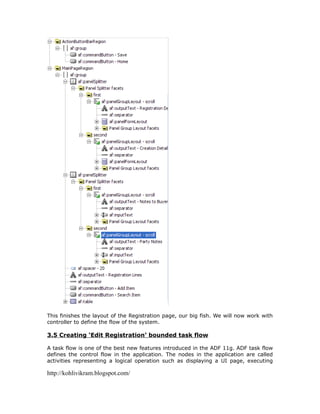 This finishes the layout of the Registration page, our big fish. We will now work with
controller to define the flow of the system.

3.5 Creating ‘Edit Registration’ bounded task flow

A task flow is one of the best new features introduced in the ADF 11g. ADF task flow
defines the control flow in the application. The nodes in the application are called
activities representing a logical operation such as displaying a UI page, executing

http://kohlivikram.blogspot.com/
 