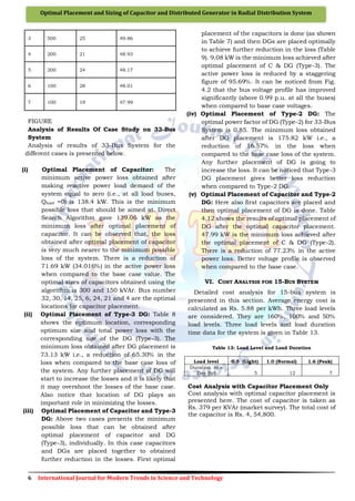 6 International Journal for Modern Trends in Science and Technology
Optimal Placement and Sizing of Capacitor and Distributed Generator in Radial Distribution System
3 500 25 49.86
4 200 21 48.93
5 200 24 48.17
6 100 28 48.01
7 100 19 47.99
FIGURE
Analysis of Results Of Case Study on 33-Bus
System
Analysis of results of 33-Bus System for the
different cases is presented below.
(i) Optimal Placement of Capacitor: The
minimum active power loss obtained after
making reactive power load demand of the
system equal to zero (i.e., at all load buses,
Qload =0) is 138.4 kW. This is the minimum
possible loss that should be aimed at. Direct
Search Algorithm gave 139.06 kW as the
minimum loss after optimal placement of
capacitor. It can be observed that, the loss
obtained after optimal placement of capacitor
is very much nearer to the minimum possible
loss of the system. There is a reduction of
71.69 kW (34.016%) in the active power loss
when compared to the base case value. The
optimal sizes of capacitors obtained using the
algorithm is 300 and 150 kVAr. Bus number
32, 30, 14, 25, 6, 24, 21 and 4 are the optimal
locations for capacitor placement.
(ii) Optimal Placement of Type-3 DG: Table 8
shows the optimum location, corresponding
optimum size and total power loss with the
corresponding size of the DG (Type-3). The
minimum loss obtained after DG placement is
73.13 kW i.e., a reduction of 65.30% in the
loss when compared to the base case loss of
the system. Any further placement of DG will
start to increase the losses and it is likely that
it may overshoot the losses of the base case.
Also notice that location of DG plays an
important role in minimizing the losses.
(iii) Optimal Placement of Capacitor and Type-3
DG: Above two cases presents the minimum
possible loss that can be obtained after
optimal placement of capacitor and DG
(Type-3), individually. In this case capacitors
and DGs are placed together to obtained
further reduction in the losses. First optimal
placement of the capacitors is done (as shown
in Table 7) and then DGs are placed optimally
to achieve further reduction in the loss (Table
9). 9.08 kW is the minimum loss achieved after
optimal placement of C & DG (Type-3). The
active power loss is reduced by a staggering
figure of 95.69%. It can be noticed from Fig.
4.2 that the bus voltage profile has improved
significantly (above 0.99 p.u. at all the buses)
when compared to base case voltages.
(iv) Optimal Placement of Type-2 DG: The
optimal power factor of DG (Type-2) for 33-Bus
System is 0.85. The minimum loss obtained
after DG placement is 175.82 kW i.e., a
reduction of 16.57% in the loss when
compared to the base case loss of the system.
Any further placement of DG is going to
increase the loss. It can be noticed that Type-3
DG placement gives better loss reduction
when compared to Type-2 DG.
(v) Optimal Placement of Capacitor and Type-2
DG: Here also first capacitors are placed and
then optimal placement of DG is done. Table
4.12 shows the results of optimal placement of
DG after the optimal capacitor placement.
47.99 kW is the minimum loss achieved after
the optimal placement of C & DG (Type-2).
There is a reduction of 77.23% in the active
power loss. Better voltage profile is observed
when compared to the base case.
VI. COST ANALYSIS FOR 15-BUS SYSTEM
Detailed cost analysis for 15-bus system is
presented in this section. Average energy cost is
calculated as Rs. 5.88 per kWh. Three load levels
are considered. They are 160%, 100% and 50%
load levels. Three load levels and load duration
time data for the system is given in Table 13.
Table 13: Load Level and Load Duration
Load level 0.5 (Light) 1.0 (Normal) 1.6 (Peak)
Duration in a
Day (hr) 5 12 7
Cost Analysis with Capacitor Placement Only
Cost analysis with optimal capacitor placement is
presented here. The cost of capacitor is taken as
Rs. 379 per KVAr (market survey). The total cost of
the capacitor is Rs. 4, 54,800.
 