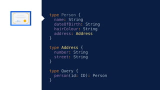 type Person {
name: String
dateOfBirth: String
hairColour: String
address: Address
}
type Address {
number: String
street: String
}
type Query {
person(id: ID): Person
}
 
