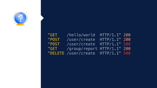 "GET /hello/world HTTP/1.1" 200
"POST /user/create HTTP/1.1" 200
"POST /user/create HTTP/1.1" 500
"GET /group/report HTTP/1.1" 200
"DELETE /user/create HTTP/1.1" 500
 