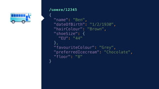 /users/12345
{
"name": "Ben",
"dateOfBirth": "1/2/1930",
"hairColour": "Brown",
"shoeSize": {
"EU": "44"
},
"favouriteColour": "Grey",
"preferredIcecream": "Chocolate",
“floor": "8"
}
 