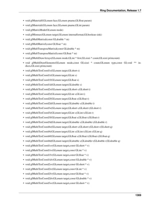 Ring Documentation, Release 1.7
• void glMaterialf(GLenum face,GLenum pname,GLﬂoat param)
• void glMateriali(GLenum face,GLenum pname,GLint param)
• void glMatrixMode(GLenum mode)
• void glMinmax(GLenum target,GLenum internalformat,GLboolean sink)
• void glMultMatrixd(const GLdouble * m)
• void glMultMatrixf(const GLﬂoat * m)
• void glMultTransposeMatrixd(const GLdouble * m)
• void glMultTransposeMatrixf(const GLﬂoat * m)
• void glMultiDrawArrays(GLenum mode,GLint * ﬁrst,GLsizei * count,GLsizei primcount)
• void glMultiDrawElements(GLenum mode,const GLsizei * count,GLenum type,const GLvoid ** in-
dices,GLsizei primcount)
• void glMultiTexCoord1s(GLenum target,GLshort s)
• void glMultiTexCoord1i(GLenum target,GLint s)
• void glMultiTexCoord1f(GLenum target,GLﬂoat s)
• void glMultiTexCoord1d(GLenum target,GLdouble s)
• void glMultiTexCoord2s(GLenum target,GLshort s,GLshort t)
• void glMultiTexCoord2i(GLenum target,GLint s,GLint t)
• void glMultiTexCoord2f(GLenum target,GLﬂoat s,GLﬂoat t)
• void glMultiTexCoord2d(GLenum target,GLdouble s,GLdouble t)
• void glMultiTexCoord3s(GLenum target,GLshort s,GLshort t,GLshort r)
• void glMultiTexCoord3i(GLenum target,GLint s,GLint t,GLint r)
• void glMultiTexCoord3f(GLenum target,GLﬂoat s,GLﬂoat t,GLﬂoat r)
• void glMultiTexCoord3d(GLenum target,GLdouble s,GLdouble t,GLdouble r)
• void glMultiTexCoord4s(GLenum target,GLshort s,GLshort t,GLshort r,GLshort q)
• void glMultiTexCoord4i(GLenum target,GLint s,GLint t,GLint r,GLint q)
• void glMultiTexCoord4f(GLenum target,GLﬂoat s,GLﬂoat t,GLﬂoat r,GLﬂoat q)
• void glMultiTexCoord4d(GLenum target,GLdouble s,GLdouble t,GLdouble r,GLdouble q)
• void glMultiTexCoord1sv(GLenum target,const GLshort * v)
• void glMultiTexCoord1iv(GLenum target,const GLint * v)
• void glMultiTexCoord1fv(GLenum target,const GLﬂoat * v)
• void glMultiTexCoord1dv(GLenum target,const GLdouble * v)
• void glMultiTexCoord2sv(GLenum target,const GLshort * v)
• void glMultiTexCoord2iv(GLenum target,const GLint * v)
• void glMultiTexCoord2fv(GLenum target,const GLﬂoat * v)
• void glMultiTexCoord2dv(GLenum target,const GLdouble * v)
• void glMultiTexCoord3sv(GLenum target,const GLshort * v)
1369
 
