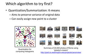 Which algorithm to try first?
• Quantization/Summarization: K-means
– Aims to preserve variance of original data
– Can easily assign new point to a cluster
Quantization for
computing histograms
Summary of 20,000 photos of Rome using
“greedy k-means”
http://grail.cs.washington.edu/projects/canonview/
 