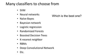 Many classifiers to choose from
• SVM
• Neural networks
• Naïve Bayes
• Bayesian network
• Logistic regression
• Randomized Forests
• Boosted Decision Trees
• K-nearest neighbor
• RBMs
• Deep Convolutional Network
• Etc.
Which is the best one?
 