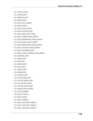 Ring Documentation, Release 1.8
• GL_ALPHA_SCALE
• GL_ALPHA_BIAS
• GL_DEPTH_SCALE
• GL_DEPTH_BIAS
• GL_MAX_EVAL_ORDER
• GL_MAX_LIGHTS
• GL_MAX_CLIP_PLANES
• GL_MAX_TEXTURE_SIZE
• GL_MAX_PIXEL_MAP_TABLE
• GL_MAX_ATTRIB_STACK_DEPTH
• GL_MAX_MODELVIEW_STACK_DEPTH
• GL_MAX_NAME_STACK_DEPTH
• GL_MAX_PROJECTION_STACK_DEPTH
• GL_MAX_TEXTURE_STACK_DEPTH
• GL_MAX_VIEWPORT_DIMS
• GL_MAX_CLIENT_ATTRIB_STACK_DEPTH
• GL_SUBPIXEL_BITS
• GL_INDEX_BITS
• GL_RED_BITS
• GL_GREEN_BITS
• GL_BLUE_BITS
• GL_ALPHA_BITS
• GL_DEPTH_BITS
• GL_STENCIL_BITS
• GL_ACCUM_RED_BITS
• GL_ACCUM_GREEN_BITS
• GL_ACCUM_BLUE_BITS
• GL_ACCUM_ALPHA_BITS
• GL_NAME_STACK_DEPTH
• GL_AUTO_NORMAL
• GL_MAP1_COLOR_4
• GL_MAP1_INDEX
• GL_MAP1_NORMAL
• GL_MAP1_TEXTURE_COORD_1
• GL_MAP1_TEXTURE_COORD_2
• GL_MAP1_TEXTURE_COORD_3
1396
 