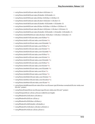 Ring Documentation, Release 1.5.2
• void glVertexAttrib2s(GLuint index,GLshort v0,GLshort v1)
• void glVertexAttrib2d(GLuint index,GLdouble v0,GLdouble v1)
• void glVertexAttrib3f(GLuint index,GLﬂoat v0,GLﬂoat v1,GLﬂoat v2)
• void glVertexAttrib3s(GLuint index,GLshort v0,GLshort v1,GLshort v2)
• void glVertexAttrib3d(GLuint index,GLdouble v0,GLdouble v1,GLdouble v2)
• void glVertexAttrib4f(GLuint index,GLﬂoat v0,GLﬂoat v1,GLﬂoat v2,GLﬂoat v3)
• void glVertexAttrib4s(GLuint index,GLshort v0,GLshort v1,GLshort v2,GLshort v3)
• void glVertexAttrib4d(GLuint index,GLdouble v0,GLdouble v1,GLdouble v2,GLdouble v3)
• void glVertexAttrib4Nub(GLuint index,GLubyte v0,GLubyte v1,GLubyte v2,GLubyte v3)
• void glVertexAttrib1fv(GLuint index,const GLﬂoat *v)
• void glVertexAttrib1sv(GLuint index,const GLshort *v)
• void glVertexAttrib1dv(GLuint index,const GLdouble *v)
• void glVertexAttrib2fv(GLuint index,const GLﬂoat *v)
• void glVertexAttrib2sv(GLuint index,const GLshort *v)
• void glVertexAttrib2dv(GLuint index,const GLdouble *v)
• void glVertexAttrib3fv(GLuint index,const GLﬂoat *v)
• void glVertexAttrib3sv(GLuint index,const GLshort *v)
• void glVertexAttrib3dv(GLuint index,const GLdouble *v)
• void glVertexAttrib4fv(GLuint index,const GLﬂoat *v)
• void glVertexAttrib4sv(GLuint index,const GLshort *v)
• void glVertexAttrib4dv(GLuint index,const GLdouble *v)
• void glVertexAttrib4iv(GLuint index,const GLint *v)
• void glVertexAttrib4bv(GLuint index,const GLbyte *v)
• void glVertexAttrib4ubv(GLuint index,const GLubyte *v)
• void glVertexAttrib4usv(GLuint index,const GLushort *v)
• void glVertexAttrib4uiv(GLuint index,const GLuint *v)
• void glVertexAttribPointer(GLuint index,GLint size,GLenum type,GLboolean normalized,GLsizei stride,const
GLvoid * pointer)
• void glVertexPointer(GLint size,GLenum type,GLsizei stride,const GLvoid * pointer)
• void glViewport(GLint x,GLint y,GLsizei width,GLsizei height)
• void glWindowPos2s(GLshort x,GLshort y)
• void glWindowPos2i(GLint x,GLint y)
• void glWindowPos2f(GLﬂoat x,GLﬂoat y)
• void glWindowPos2d(GLdouble x,GLdouble y)
• void glWindowPos3s(GLshort x,GLshort y,GLshort z)
• void glWindowPos3i(GLint x,GLint y,GLint z)
1412
 