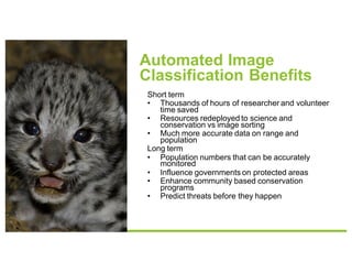 Automated Image
Classification Benefits
Short term
• Thousands of hours of researcher and volunteer
time saved
• Resources redeployed to science and
conservation vs image sorting
• Much more accurate data on range and
population
Long term
• Population numbers that can be accurately
monitored
• Influence governments on protected areas
• Enhance community based conservation
programs
• Predict threats before they happen
 