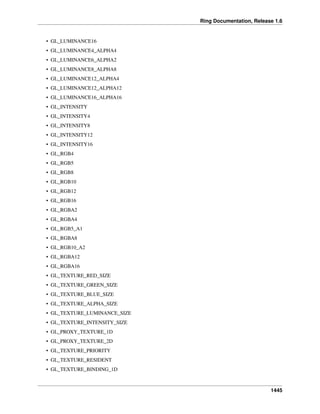 Ring Documentation, Release 1.6
• GL_LUMINANCE16
• GL_LUMINANCE4_ALPHA4
• GL_LUMINANCE6_ALPHA2
• GL_LUMINANCE8_ALPHA8
• GL_LUMINANCE12_ALPHA4
• GL_LUMINANCE12_ALPHA12
• GL_LUMINANCE16_ALPHA16
• GL_INTENSITY
• GL_INTENSITY4
• GL_INTENSITY8
• GL_INTENSITY12
• GL_INTENSITY16
• GL_RGB4
• GL_RGB5
• GL_RGB8
• GL_RGB10
• GL_RGB12
• GL_RGB16
• GL_RGBA2
• GL_RGBA4
• GL_RGB5_A1
• GL_RGBA8
• GL_RGB10_A2
• GL_RGBA12
• GL_RGBA16
• GL_TEXTURE_RED_SIZE
• GL_TEXTURE_GREEN_SIZE
• GL_TEXTURE_BLUE_SIZE
• GL_TEXTURE_ALPHA_SIZE
• GL_TEXTURE_LUMINANCE_SIZE
• GL_TEXTURE_INTENSITY_SIZE
• GL_PROXY_TEXTURE_1D
• GL_PROXY_TEXTURE_2D
• GL_TEXTURE_PRIORITY
• GL_TEXTURE_RESIDENT
• GL_TEXTURE_BINDING_1D
1445
 