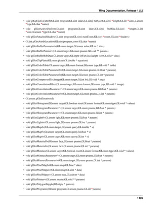 Ring Documentation, Release 1.5.2
• void glGetActiveAttrib(GLuint program,GLuint index,GLsizei bufSize,GLsizei *length,GLint *size,GLenum
*type,GLchar *name)
• void glGetActiveUniform(GLuint program,GLuint index,GLsizei bufSize,GLsizei *length,GLint
*size,GLenum *type,GLchar *name)
• void glGetAttachedShaders(GLuint program,GLsizei maxCount,GLsizei *count,GLuint *shaders)
• GLint glGetAttribLocation(GLuint program,const GLchar *name)
• void glGetBufferParameteriv(GLenum target,GLenum value,GLint * data)
• void glGetBufferPointerv(GLenum target,GLenum pname,GLvoid ** params)
• void glGetBufferSubData(GLenum target,GLintptr offset,GLsizeiptr size,GLvoid * data)
• void glGetClipPlane(GLenum plane,GLdouble * equation)
• void glGetColorTable(GLenum target,GLenum format,GLenum type,GLvoid * table)
• void glGetColorTableParameterfv(GLenum target,GLenum pname,GLﬂoat * params)
• void glGetColorTableParameteriv(GLenum target,GLenum pname,GLint * params)
• void glGetCompressedTexImage(GLenum target,GLint lod,GLvoid * img)
• void glGetConvolutionFilter(GLenum target,GLenum format,GLenum type,GLvoid * image)
• void glGetConvolutionParameterfv(GLenum target,GLenum pname,GLﬂoat * params)
• void glGetConvolutionParameteriv(GLenum target,GLenum pname,GLint * params)
• GLenum glGetError(void)
• void glGetHistogram(GLenum target,GLboolean reset,GLenum format,GLenum type,GLvoid * values)
• void glGetHistogramParameterfv(GLenum target,GLenum pname,GLﬂoat * params)
• void glGetHistogramParameteriv(GLenum target,GLenum pname,GLint * params)
• void glGetLightfv(GLenum light,GLenum pname,GLﬂoat * params)
• void glGetLightiv(GLenum light,GLenum pname,GLint * params)
• void glGetMapdv(GLenum target,GLenum query,GLdouble * v)
• void glGetMapfv(GLenum target,GLenum query,GLﬂoat * v)
• void glGetMapiv(GLenum target,GLenum query,GLint * v)
• void glGetMaterialfv(GLenum face,GLenum pname,GLﬂoat * params)
• void glGetMaterialiv(GLenum face,GLenum pname,GLint * params)
• void glGetMinmax(GLenum target,GLboolean reset,GLenum format,GLenum types,GLvoid * values)
• void glGetMinmaxParameterfv(GLenum target,GLenum pname,GLﬂoat * params)
• void glGetMinmaxParameteriv(GLenum target,GLenum pname,GLint * params)
• void glGetPixelMapfv(GLenum map,GLﬂoat * data)
• void glGetPixelMapuiv(GLenum map,GLuint * data)
• void glGetPixelMapusv(GLenum map,GLushort * data)
• void glGetPointerv(GLenum pname,GLvoid ** params)
• void glGetPolygonStipple(GLubyte * pattern)
• void glGetProgramiv(GLuint program,GLenum pname,GLint *params)
1496
 
