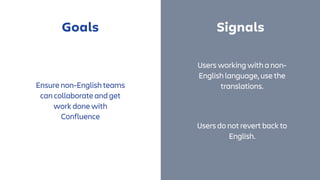 Goals Signals
Ensure non-English teams
can collaborate and get
work done with
Confluence
Users working with a non-
English language, use the
translations.
Users do not revert back to
English.
 