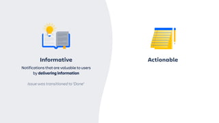 ActionableInformative
Notifications that are valuable to users
by delivering information
Issue was transitioned to ‘Done’
 