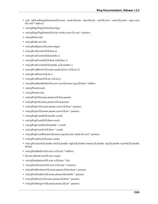 Ring Documentation, Release 1.5.4
• void glDrawRangeElements(GLenum mode,GLuint start,GLuint end,GLsizei count,GLenum type,const
GLvoid * indices)
• void glEdgeFlag(GLboolean ﬂag)
• void glEdgeFlagPointer(GLsizei stride,const GLvoid * pointer)
• void glEnd(void)
• void glEndList(void)
• void glEndQuery(GLenum target)
• void glEvalCoord1f(GLﬂoat u)
• void glEvalCoord1d(GLdouble u)
• void glEvalCoord2f(GLﬂoat u,GLﬂoat v)
• void glEvalCoord2d(GLdouble u,GLdouble v)
• void glEvalMesh1(GLenum mode,GLint i1,GLint i2)
• void glEvalPoint1(GLint i)
• void glEvalPoint2(GLint i,GLint j)
• void glFeedbackBuffer(GLsizei size,GLenum type,GLﬂoat * buffer)
• void glFinish(void)
• void glFlush(void)
• void glFogf(GLenum pname,GLﬂoat param)
• void glFogi(GLenum pname,GLint param)
• void glFogfv(GLenum pname,const GLﬂoat * params)
• void glFogiv(GLenum pname,const GLint * params)
• void glFogCoordd(GLdouble coord)
• void glFogCoordf(GLﬂoat coord)
• void glFogCoorddv(GLdouble * coord)
• void glFogCoordfv(GLﬂoat * coord)
• void glFogCoordPointer(GLenum type,GLsizei stride,GLvoid * pointer)
• void glFrontFace(GLenum mode)
• void glFrustum(GLdouble left,GLdouble right,GLdouble bottom,GLdouble top,GLdouble nearVal,GLdouble
farVal)
• void glGenBuffers(GLsizei n,GLuint * buffers)
• GLuint glGenLists(GLsizei range)
• void glGenQueries(GLsizei n,GLuint * ids)
• void glGenTextures(GLsizei n,GLuint * textures)
• void glGetBooleanv(GLenum pname,GLboolean * params)
• void glGetDoublev(GLenum pname,GLdouble * params)
• void glGetFloatv(GLenum pname,GLﬂoat * params)
• void glGetIntegerv(GLenum pname,GLint * params)
1524
 