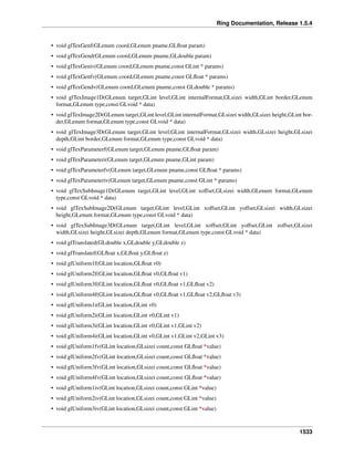 Ring Documentation, Release 1.5.4
• void glTexGenf(GLenum coord,GLenum pname,GLﬂoat param)
• void glTexGend(GLenum coord,GLenum pname,GLdouble param)
• void glTexGeniv(GLenum coord,GLenum pname,const GLint * params)
• void glTexGenfv(GLenum coord,GLenum pname,const GLﬂoat * params)
• void glTexGendv(GLenum coord,GLenum pname,const GLdouble * params)
• void glTexImage1D(GLenum target,GLint level,GLint internalFormat,GLsizei width,GLint border,GLenum
format,GLenum type,const GLvoid * data)
• void glTexImage2D(GLenum target,GLint level,GLint internalFormat,GLsizei width,GLsizei height,GLint bor-
der,GLenum format,GLenum type,const GLvoid * data)
• void glTexImage3D(GLenum target,GLint level,GLint internalFormat,GLsizei width,GLsizei height,GLsizei
depth,GLint border,GLenum format,GLenum type,const GLvoid * data)
• void glTexParameterf(GLenum target,GLenum pname,GLﬂoat param)
• void glTexParameteri(GLenum target,GLenum pname,GLint param)
• void glTexParameterfv(GLenum target,GLenum pname,const GLﬂoat * params)
• void glTexParameteriv(GLenum target,GLenum pname,const GLint * params)
• void glTexSubImage1D(GLenum target,GLint level,GLint xoffset,GLsizei width,GLenum format,GLenum
type,const GLvoid * data)
• void glTexSubImage2D(GLenum target,GLint level,GLint xoffset,GLint yoffset,GLsizei width,GLsizei
height,GLenum format,GLenum type,const GLvoid * data)
• void glTexSubImage3D(GLenum target,GLint level,GLint xoffset,GLint yoffset,GLint zoffset,GLsizei
width,GLsizei height,GLsizei depth,GLenum format,GLenum type,const GLvoid * data)
• void glTranslated(GLdouble x,GLdouble y,GLdouble z)
• void glTranslatef(GLﬂoat x,GLﬂoat y,GLﬂoat z)
• void glUniform1f(GLint location,GLﬂoat v0)
• void glUniform2f(GLint location,GLﬂoat v0,GLﬂoat v1)
• void glUniform3f(GLint location,GLﬂoat v0,GLﬂoat v1,GLﬂoat v2)
• void glUniform4f(GLint location,GLﬂoat v0,GLﬂoat v1,GLﬂoat v2,GLﬂoat v3)
• void glUniform1i(GLint location,GLint v0)
• void glUniform2i(GLint location,GLint v0,GLint v1)
• void glUniform3i(GLint location,GLint v0,GLint v1,GLint v2)
• void glUniform4i(GLint location,GLint v0,GLint v1,GLint v2,GLint v3)
• void glUniform1fv(GLint location,GLsizei count,const GLﬂoat *value)
• void glUniform2fv(GLint location,GLsizei count,const GLﬂoat *value)
• void glUniform3fv(GLint location,GLsizei count,const GLﬂoat *value)
• void glUniform4fv(GLint location,GLsizei count,const GLﬂoat *value)
• void glUniform1iv(GLint location,GLsizei count,const GLint *value)
• void glUniform2iv(GLint location,GLsizei count,const GLint *value)
• void glUniform3iv(GLint location,GLsizei count,const GLint *value)
1533
 