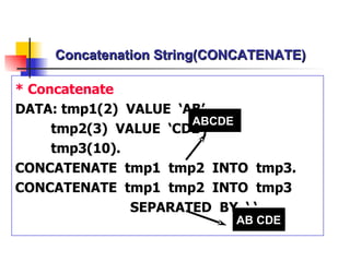Concatenation String(CONCATENATE) * Concatenate DATA: tmp1(2)  VALUE  ‘AB’, tmp2(3)  VALUE  ‘CDE’, tmp3(10). CONCATENATE  tmp1  tmp2  INTO  tmp3. CONCATENATE  tmp1  tmp2  INTO  tmp3  SEPARATED  BY  ‘ ‘. ABCDE AB CDE 